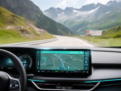 Modernes Fahrzeug-Dashboard mit Navigationssystem auf einer Schweizer Alpenstrasse bei klarem Tageslicht